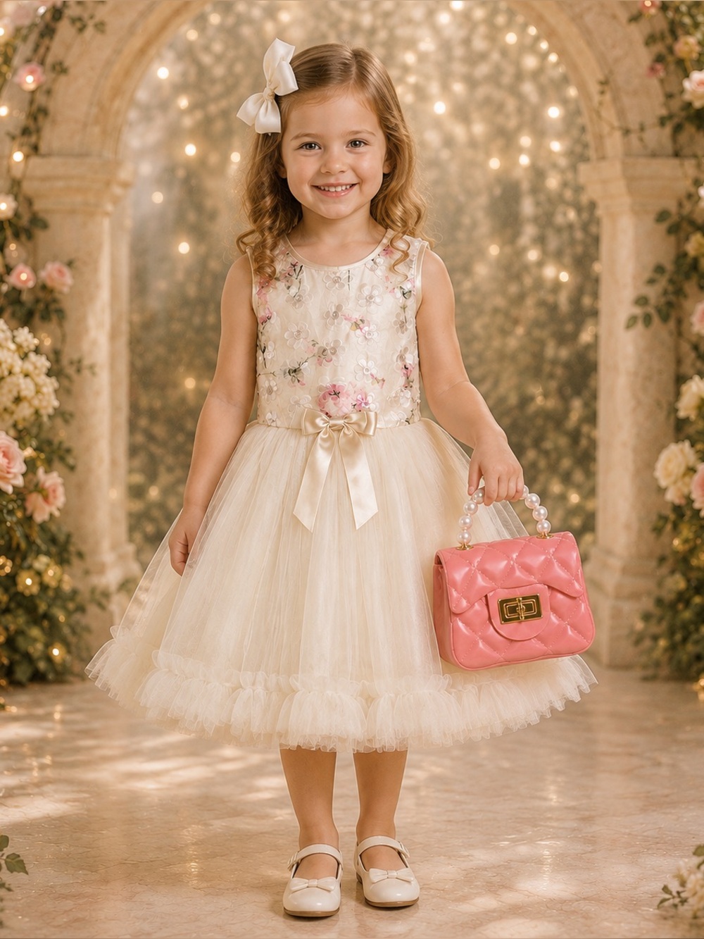 NWT Popatu Ivory Dress Purse & Hair Bow Set 4T